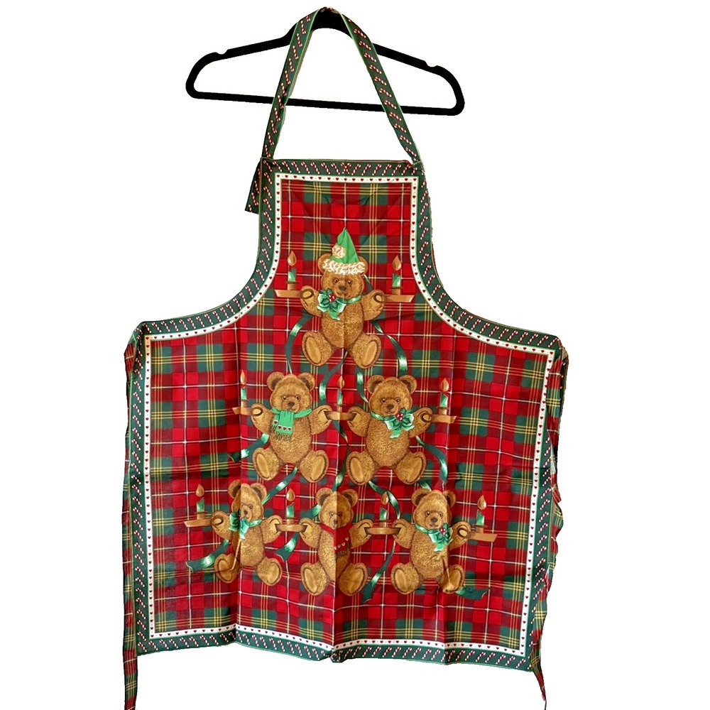 Christmas Apron Teddy Bear Candy Canes Green Red Plaid Bib Bright Colors
